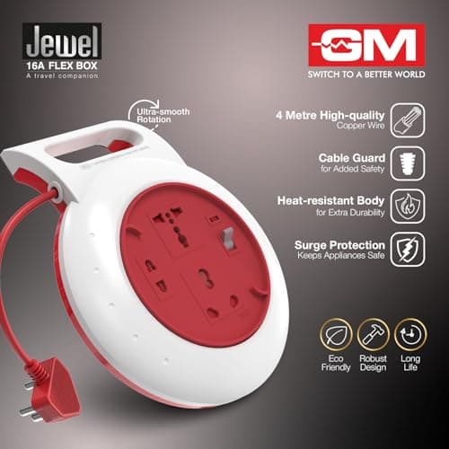 GM 3208 Jewel 16A Extension Board with Circuit Breaker MCB | 3-Pin Flex Box | 4 Meter Power Cord | Safe & Reliable for High-Power Appliances. 4