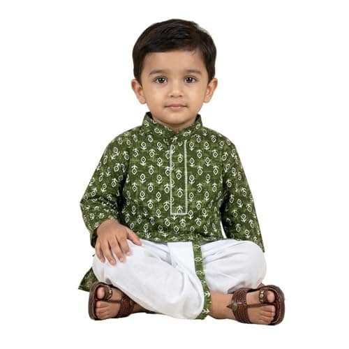 Baby Boy's Ethnic Wear Dhoti Kurta Set - Full Sleeve Printed Kurta with Traditional White Dhoti for 3 months to 4 year Olds | Annaprashan dress for baby boy (Green, 9-12 Months)