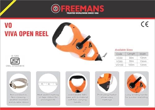 FREEMANS Viva Open Reel 50m:13mm Fibreglass Measuring tape - 50m/164ft With Unbreakable ABS case || Double Side Printing || Long and Durable Winding Handle For Easy Retraction and Steel End Hook 4