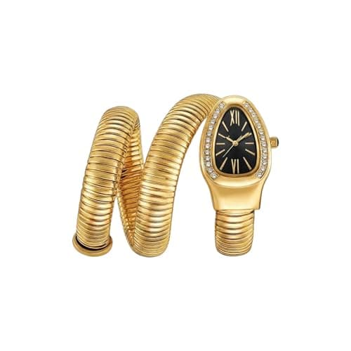 CLEO Be Bold Be You Women’s Gold Bracelet Watch | Snake Coil Cuff Style | Crystal Studded Oval Dial | Elegant Jewellery Watch for Women & Girls | Party, Wedding & Festive (Black 169)