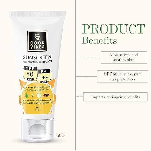 SPF 50 PA+++ Sunscreen Cream | Broad Spectrum Protection | Lightweight Non-Greasy Sunblock with Aloe Vera Green Tea Cucumber Jojoba | Hydrating Daily Face & Body Sunscreen for Men Women 50g. (Pack Of  2