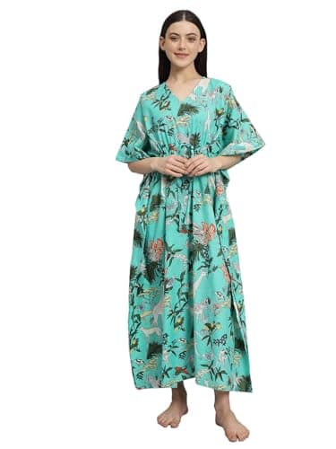 Ravaiyaa - Attitude is everything Women's 100% Cotton Printed Kimono Sleeves V-Neck with Adjustable Drawstring Long Kaftan (Turquoise)