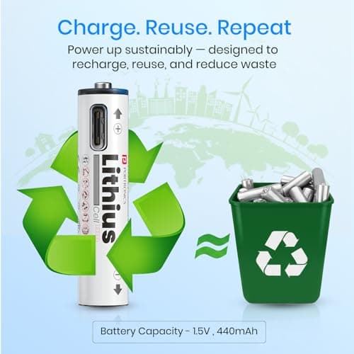 Portronics AAA Lithius Type C Rechargeable Batteries, Pack of 2, Lithium Ion Cell Composition, Upto 440mAh Capacity, Low Self Discharge, No Separate Charger Required (White) 4