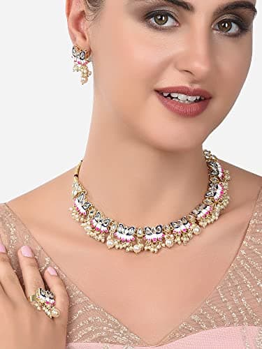 ZAVERI PEARLS Blue & Pink Meenakari Lotus Design Choker Necklace Earring & Ring Set For Women-ZPFK14435 2