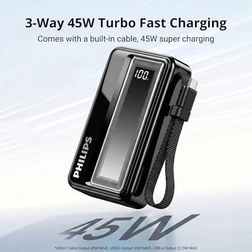 Philips DLP2721NB/94 20000mAh 45W Fast Charging Power Bank with Built-in Type-C Cable (Dark Slate) | Digital LED Display | Lithium Polymer | 2 Type-C & USB-A | Pocket Size | Compact & Travel-Friendly 2