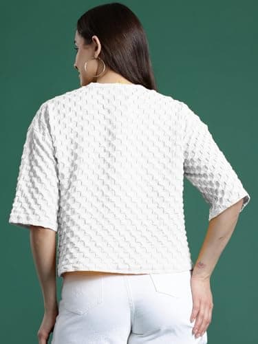 Zilcon Womens Round Neck Drop Shoulder Tops Half Sleeve Drop Shoulder Woman Stylish Western Knit Ribbed Casual T Shirt (in, Alpha, M, Regular, White) 2