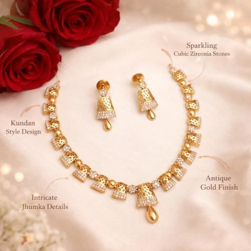 Dvina Glow Gold Plated Geometric CZ Necklace Set for Women | Lightweight Filigree Designer Jewellery with Earrings | Elegant Cubic Zirconia Necklace for Wedding & Festive Occasions 2