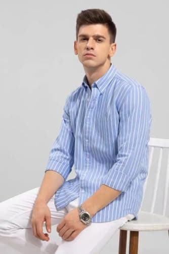 Zombom Men's Light Blue & White Vertical Striped Shirt for Men | Full Sleeve Slim Fit Cotton Blend Shirt | Stylish Formal 4