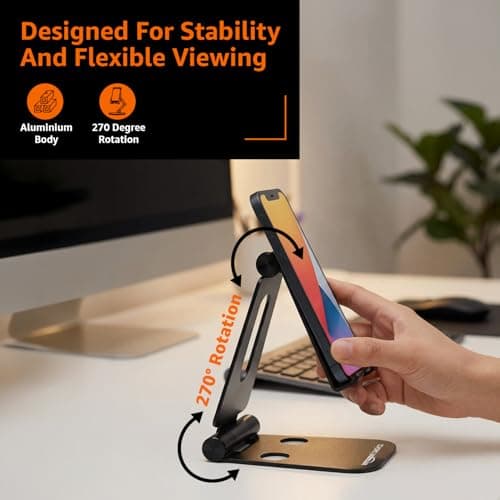 amazon basics Aluminum Adjustable Mobile Phone Foldable Tabletop Stand Dock Mount for All Smartphones, Tabs, Kindle, iPad (Black) 3