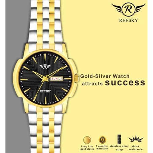 REESKY Men's Analog Watch, Black Dial, Gold/Silver Plated, Day & Date Display (Black) 2