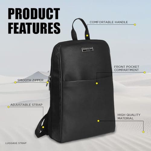 KENNETH COLE Unisex Professional Laptop Backpack | Premium Vegan Leather | Padded Laptop Sleeve, Trolley Strap, Multi-Pocket Organizer Bag for Travel & Office | Black 4