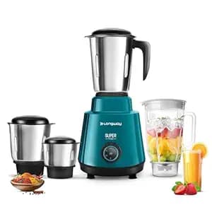 Longway Super Pro Juicer Mixer Grinder | Up to 750W Max Output Powerful Motor | 4 Jars for Grinding, Mixing, Juicing | Teal & Black