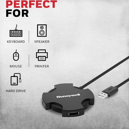 Honeywell 4 in 1 Ultra Slim USB Hub 2.0,1.2Meter(4 feet) Cable, with a Transfer Speed of 480MBPS, Universally Compatible with All USB PC Speaker Laptop Hard Drive Keyboard Printer Pen Drive 5