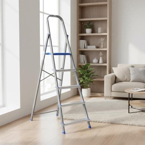 Nilkamal Rise 5 Step Heavy Duty Steel Ladder with Aluminium Steps | for Home Use | Climb Easy Anti-Slip Steps | Secure Safety Clutch Lock | 150 kg Capacity | 1 Year Warranty