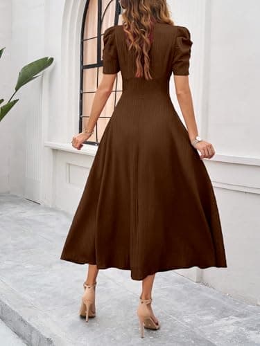 Shasmi Girl's & Women's Brown Solid Color V-Neck A-Line Maxi Dress for Women | New Year Party Outfit | Waist Cinched Puff Sleeve Western Dress | Elegant Casual Wear (Dress 246 Brown-M) 2