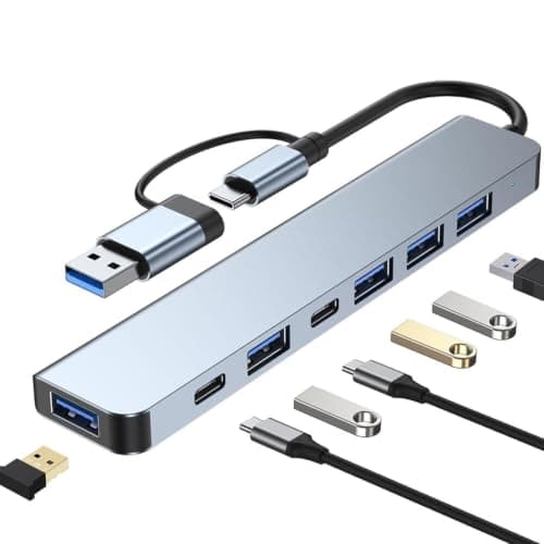 7 USB Hub Dock (7-in-1), Multiport Adapter with Dual Convertible USB & Type C Heads, Upto 5 Gbps Data Transfer Speed, 1 x USB 3.0 & 6 x USB 2.0 Ports for Laptop, MacBook, PC (Grey)