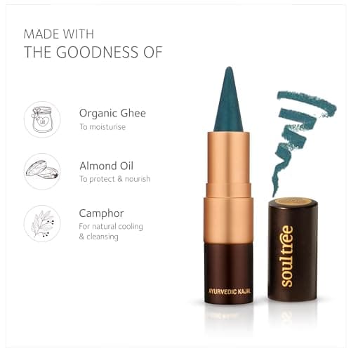 SoulTree Ayurvedic Kajal | Caribbean Teal Kajal 014 | Blue Shade | Enriched with 100% Organic Ghee, Almond Oil & Camphor | Soothe, Cool & Nourish Eyes | Natural Eye Care with Ethical Ingredients 3gm 3