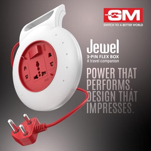 GM Jewel 3046 – 3‑Socket 3‑Pin Flex Box, 4 m Heavy‑Duty Cord with Handle, LED Indicator & Safety Shutters 3