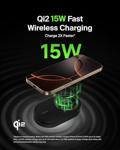 Belkin MagSafe Qi2 Wireless Charger | 2-in-1 Magnetic Foldable 15W | Fast Charger for iPhone 16, 15, 14, 13, 12 | Charging Station with Non-Slip Base | PSU Included | Black 3
