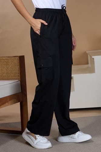 CUPID Women Smart Slim Fit Cargo Pants with High Waist, Zipper Pockets, Easy Wash Straight Fit Casual Wear_Black_5XL 5
