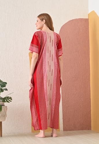 San Apparels Cotton Kaftan Nighty for Women – Soft 100% Cotton Night Dress with Floral Print, Free Size, V-Neck, Adjustable Drawstring – Summer Sleepwear, Maternity Loungewear, Feeding Gown Red 2