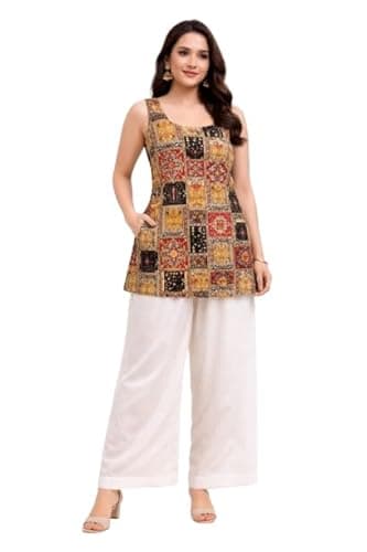 The Xoxo Women's Sleeveless Short Kurti Top, Multicolour Ethnic Print, Backless Dori Design, Indo Western Fusion Wear (in, Alpha, S, Regular, Cream)