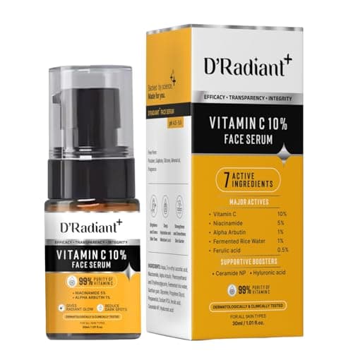 D’Radiant+ Advance Vitamin C 10% Face Serum with Alpha Arbutin and Niacinamide | 7 Active Ingrediants | Skin Brightening, Anti-Aging & Dark Spot Removal | Dermatologically & Clinically Tested(30ml)