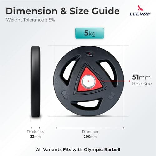 LEEWAY Rubber Coated Olympic Plates (5kg x 2) | 50mm Standard Hole Size | Tri-Grip Handle Design | Anti-Slip Floor Protection | Olympic Barbell & Dumbbell Compatible | Strength Training (5kg Pair) 5