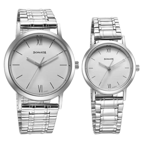 Sonata Pairs Quartz Analog White Dial Stainless Steel Strap Watch for Couple-NS7712787046SM01P