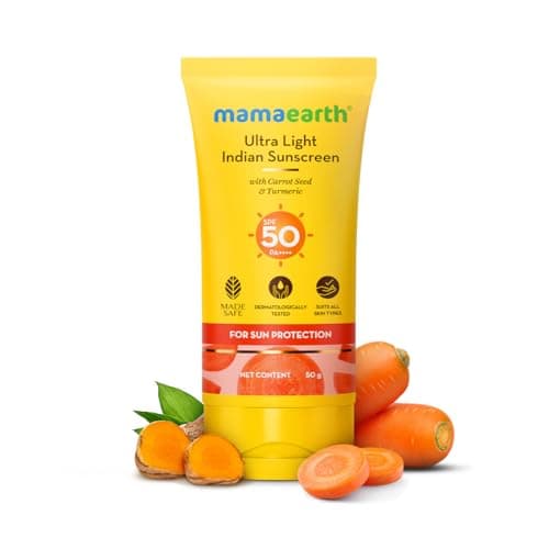 Mamaearth Ultra Light Indian Sunscreen with Carrot Seed & Turmeric | SPF 50 PA ++++ | UVA & UVB Protection | Tan Protection | No White Cast | Non-Greasy & Quick Absorbing | Super Lightweight | Suits A 2