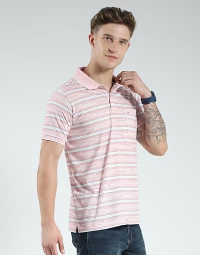 Monte Carlo Men's Regular Fit Striped Polo T-Shirt | Half Sleeve | Collared Neck | Casual Wear T Shirt for Men's Peach M (Pack of 1) 3