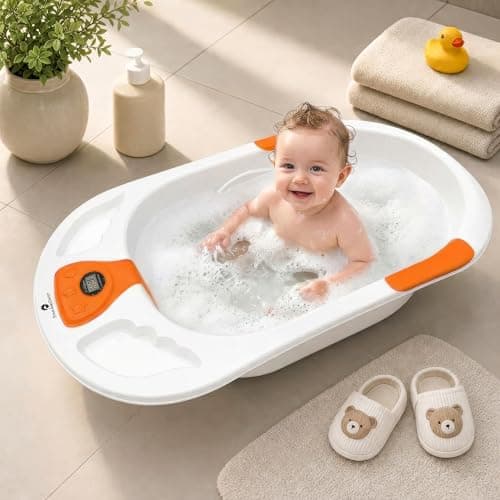 StarAndDaisy Baby Bath Tub for 0 to 5 Years with Temperature Sensing Meter & Anti-Skid Legs/Baby Bathing Tub for Newborn & Toddlers/Kids Bath Tub- White-Orange