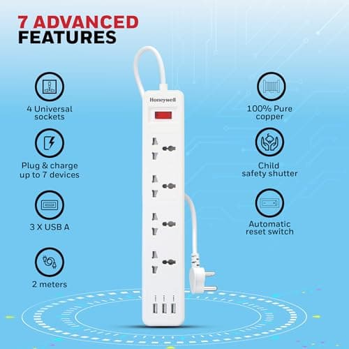 Honeywell 4 Outlet Extension Board with Master Switch, 6 Amps, 250V, 3xUSB, 4 International Sockets, Pure Copper, 6 Advanced Safety Features, 2 Mtr Power Cord, BIS Certified, 1 yr Warranty 2