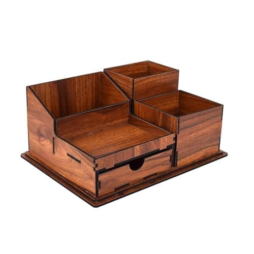 LULELA Wooden Office Desk Organiser and Accessories, Multi-Functional Stationary Supplies Desktop Organizer Set, Small Wood Desk Organization, Easy Assembly Table Organiser (Brown, Big)