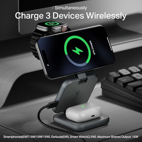 Boat FlexCharge 360 3-in-1 15W Wireless Charger, Foldable, Magnetic Magsafe & Multi-Angle Charging; LED Indicator & Anti-Slip Finish for Apple iPhone 16|15|14, Apple Watch & AirPods (Slate Grey) 3