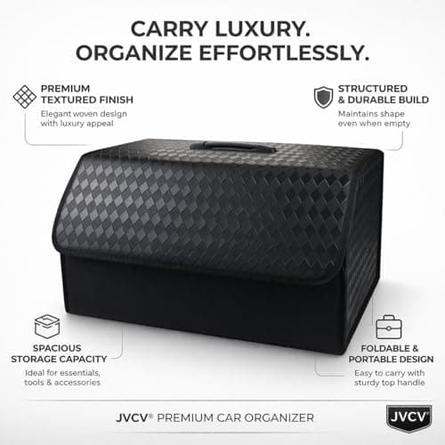 JVCV® Stylish Embossed PU Leather Car Trunk Organizer – Foldable Multipurpose Car Boot Storage Box with Handle Design | Durable & Elegant Car Interior Organizer for Travel (Style A, Black - Large) 3