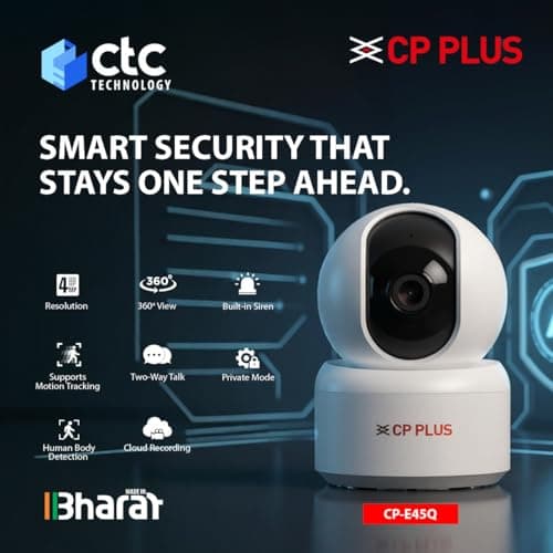 CP PLUS 4MP Quad HD Smart Wi-Fi CCTV Camera for Home | 360° Pan & Tilt | CTC Cyber Secure Tech | View & Talk | Smart Detection Suite | IR Night Vision | Cloud Recording | Support OK Google | CP-E45Q 2