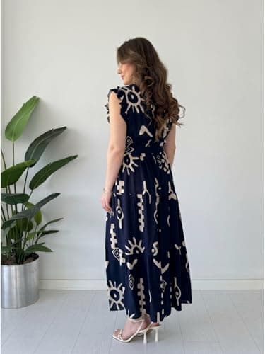 Modestouze Attires Dress for Women Western Maxi Style, Indo Western Dresses, One Piece Long Gown, A Line Flared Pattern, Ethnic Look Outfit for Women Navy Blue 4