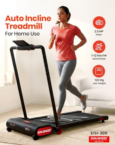 Sparnod Fitness STH-3011 Walking Pad Treadmill for Home Use, 2.5 HP Motor, Speed 1–12 km/h, 13% Auto Incline, Foldable, Remote Control, Safety Lock, Shock Absorption System, Max User Weight 120 Kg 2