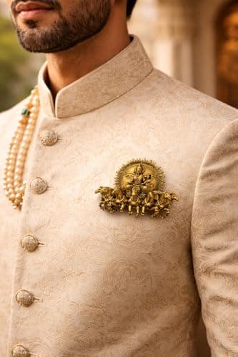 Surya Narayan Brooch for Men & Women | Antique Gold Plated Brass Divine Sun God Lapel Pin | Spiritual Hindu Brooch for Sherwani, Saree, Blazer | Temple Jewelry Gift for Festive & Ethnic Wear 3