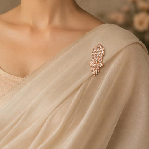 Brooch Pin Leaf Shape Rhinestone for Saree, Suit & Blazer (Gold) 4