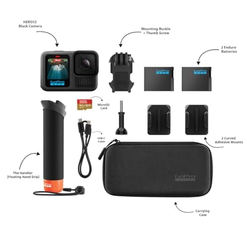 GoPro HERO13 Black Special Bundle Includes - HERO13 Black Camera, Handler, 2-Enduro Batteries, 2-Curved Adhesive Mounts, 64GB MicroSD Card, Hard Carrying Case(1-Yr International+1-Yr India Warranty) 2