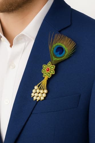 Men’s Peacock Feather Brooch Set of 2 with Pearl Tassel | Premium Designer Lapel Pin for Sherwani, Suit & Blazer | Wedding Groom Ethnic Accessories Combo 5
