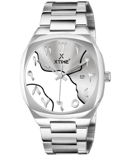 XTIME 3D Design Arabic Numerals Round White Dial & Steel Chain Analogue Date Watch for Men's & Boys