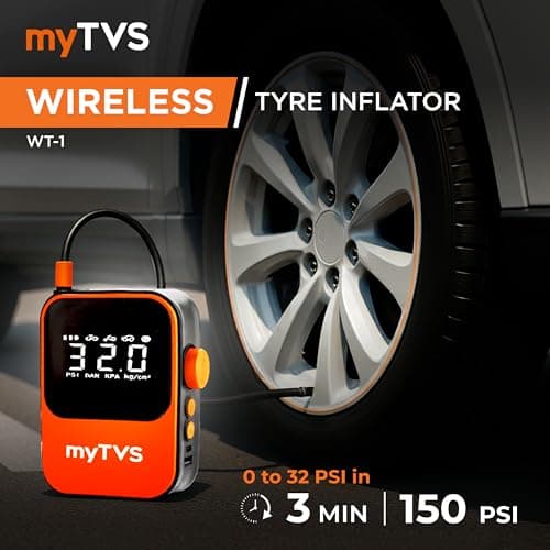 myTVS Air Go Cordless Tyre Inflator 150 PSI Digital Air Compressor, Auto Stop, Rechargeable 4000mAh Battery with Type C Port, LED Light & Power Bank, Portable Wireless Air Pump for Car & Bike | WT-1 3