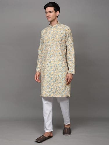 Exotic India Chikankari Embroidered and Sequins work Pure Cotton Kurta with Pajama | Ethnic Design Kurta Pajama Set for Men Multicolor 3