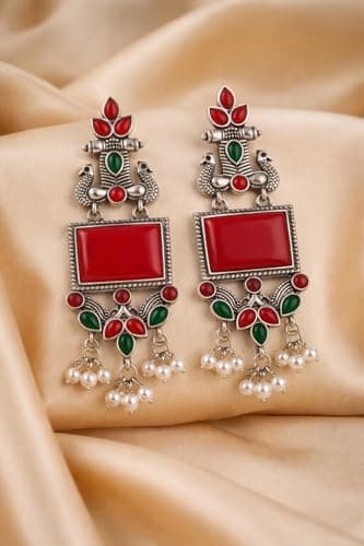 RICH MORE Oxidized Designer Stud Earrings Set, Traditional & Modern Earring Set for Women & Girls, Trendy, Fancy & Fashion Earrings for Daily and Occasion Wear, Lightweight (RED MORLO) 5