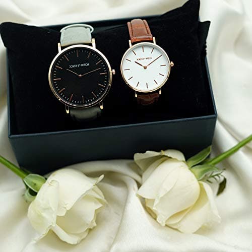 Joker & Witch Faux Leather Unisex Scott & Kira Couple Analog Watch Gift Set For Men And Women, Dial_Black, Band_Rose Gold 2