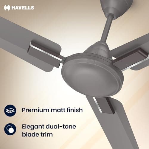 Havells 1200mm Thrill Decor Energy Saving Ceiling Fan| High Speed, High Air Delivery| Strong & Powerful Motor|Air Delivery: 220 m³/min| Speed: 370 RPM| 2 Year Warranty |(Pack of 1, Stone Grey) 3