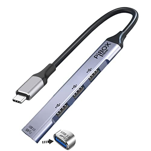 Pibox India USB-C Hub - USB 3.0 Multi-port 4 Port Adapter - USB-C to USB-A Hub - For MacBook Pro, iMac 2021 - Aluminum Alloy, Gray